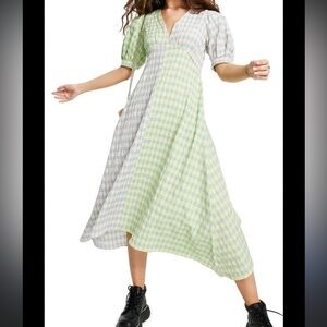 Top Shop Mix & Match Checked Pattern Handkerchief Hem Puff Sleeve Midi Dress